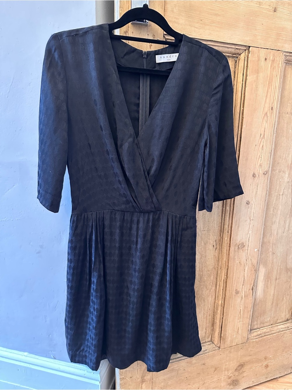 Sandro Black Dot-Jacquard Wrap Mini Dress